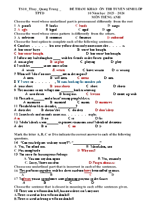 Đề tham khảo tuyển sinh vào Lớp 10 môn Tiếng Anh - Năm học 2023-2024 - Trường THCS Quang Trung (Có đáp án)