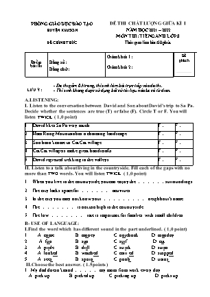 Đề thi chất lượng giữa kì 1 Tiếng Anh Lớp 8 - Năm học 2021-2022 - Trường THCS Lai Thành (Có file nghe và đáp án)
