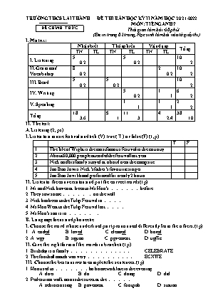 Đề thi giữa kì 2 Tiếng Anh Lớp 7 - Năm học 2021-2022 - Trường THCS Lai Thành (Có file nghe, ma trận và đáp án)