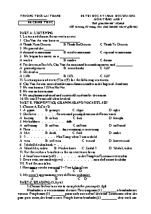 Đề thi học kì 1 Tiếng Anh Lớp 7 - Năm học 2021-2022 - Trường THCS Lai Thành (Có file nghe và đáp án)