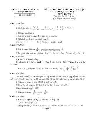 Đề thi học sinh giỏi cấp huyện Toán Lớp 8 - Năm học 2022-2023 - Phòng GD&ĐT Kim Sơn (Có đáp án)