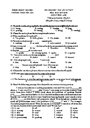Đề thi khảo sát vào Lớp 10 môn Tiếng Anh - Đề 1 - Năm học 2017-2018 - Trường THCS Yên Lộc (Có đáp án)