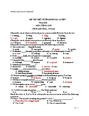 Đề thi thử tuyển sinh vào Lớp 10 môn Tiếng Anh - Năm học 2023-2024 - Trường THCS Yên Sơn (Có đáp án)