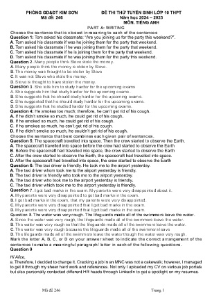Đề thi thử tuyển sinh vào Lớp 10 THPT môn Tiếng Anh (Lần 3) - Mã đề: 246 - Năm học 2024-2025 - Phòng GD&ĐT Kim Sơn (Có đáp án)