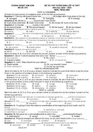Đề thi thử tuyển sinh vào Lớp 10 THPT môn Tiếng Anh (Lần 3) - Mã đề: 479 - Năm học 2024-2025 - Phòng GD&ĐT Kim Sơn (Có đáp án)