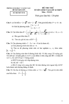 Đề thi thử tuyển sinh vào Lớp 10 THPT môn Toán - Đề số 01 - Phòng GD&ĐT Kim Sơn (Có đáp án)