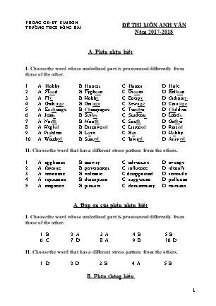 Đề thi Tiếng Anh Lớp 9 - Năm học 2017-2018 - Trường THCS Đông Hải (Có đáp án)