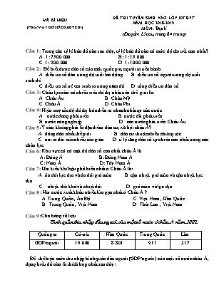 Đề thi tuyển sinh Lớp 10 môn Địa lí - Đề: 02 - Năm học 2018-2019 (Có đáp án)