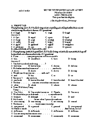 Đề thi tuyển sinh Lớp 10 môn Tiếng Anh - Đề: 01 - Năm học 2018-2019 (Có đáp án)