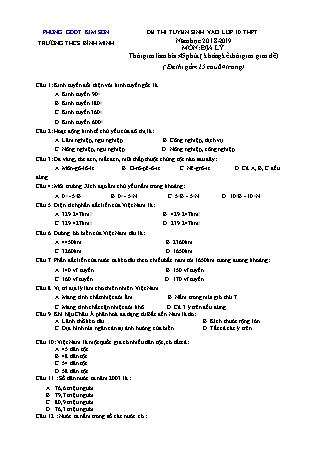 Đề thi tuyển sinh vào Lớp 10 môn Địa lí - Đề 1 - Năm học 2018-2019 - Trường THCS Bình Minh (Có đáp án)