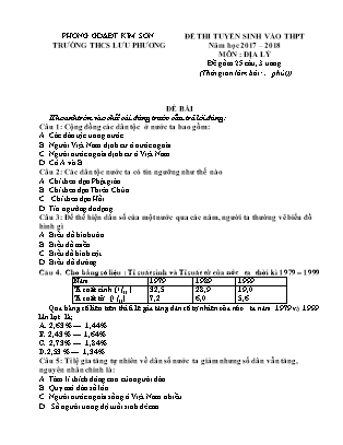 Đề thi tuyển sinh vào Lớp 10 môn Địa lí - Đề 1 - Năm học 2018-2019 - Trường THCS Lưu Phương (Có đáp án)