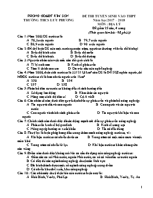 Đề thi tuyển sinh vào Lớp 10 môn Địa lí - Đề 2 - Năm học 2018-2019 - Trường THCS Lưu Phương (Có đáp án)