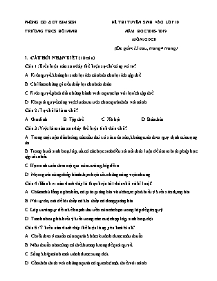 Đề thi tuyển sinh vào Lớp 10 môn Giáo dục công dân - Đề 1 - Năm học 2018-2019 - Trường THCS Hồi Ninh (Có đáp án)
