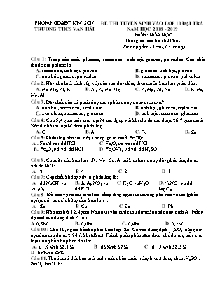 Đề thi tuyển sinh vào Lớp 10 môn Hóa học (Đại trà) - Đề 1 - Năm học 2018-2019 - Trường THCS Văn Hải (Có đáp án)
