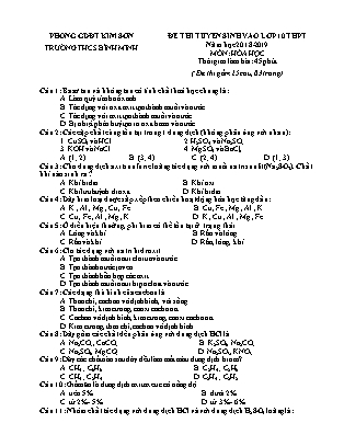 Đề thi tuyển sinh vào Lớp 10 môn Hóa học - Đề 2 - Năm học 2018-2019 - Trường THCS Bình Minh (Có đáp án)