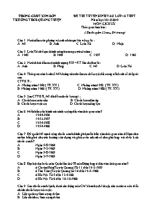 Đề thi tuyển sinh vào Lớp 10 môn Lịch sử - Đề 1 - Năm học 2018-2019 - Trường THCS Quang Thiện (Có đáp án)