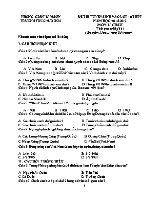 Đề thi tuyển sinh vào Lớp 10 môn Lịch sử - Đề 2 - Năm học 2018-2019 - Trường THCS Như Hòa (Có đáp án)