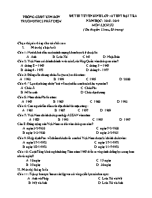 Đề thi tuyển sinh vào Lớp 10 môn Lịch sử - Đề 2 - Năm học 2018-2019 - Trường THCS Phát Diệm (Có đáp án)