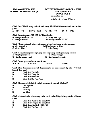 Đề thi tuyển sinh vào Lớp 10 môn Lịch sử - Đề 2 - Năm học 2018-2019 - Trường THCS Quang Thiện (Có đáp án)