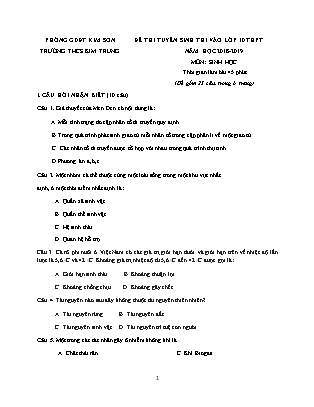 Đề thi tuyển sinh vào Lớp 10 môn Sinh học - Đề 2 - Năm học 2018-2019 - Trường THCS Kim Trung (Có đáp án)