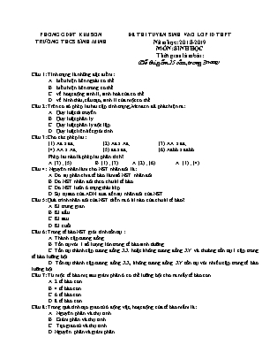 Đề thi tuyển sinh vào Lớp 10 môn Sinh học - Đề 2 - Năm học 2018-2019 - Trường THCS Bình Minh (Có đáp án)