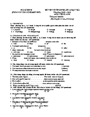 Đề thi tuyển sinh vào Lớp 10 môn Tiếng Anh - Đề 05 - Năm học 2018-2019 - Trường THCS Yên Mô (Có đáp án)
