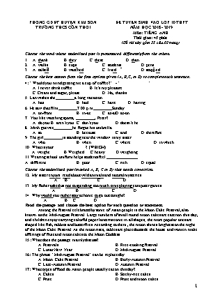 Đề thi tuyển sinh vào Lớp 10 môn Tiếng Anh - Đề 1 - Năm học 2018-2019 - Trường THCS Cồn Thoi (Có đáp án)