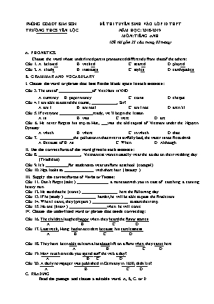 Đề thi tuyển sinh vào Lớp 10 môn Tiếng Anh - Đề 1 - Năm học 2018-2019 - Trường THCS Yên Lộc (Có đáp án)
