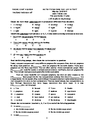 Đề thi tuyển sinh vào Lớp 10 môn Tiếng Anh - Đề 1 - Năm học 2018-2019 - Trường THCS Kim Mỹ (Có đáp án)