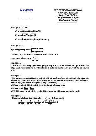 Đề thi tuyển sinh vào Lớp 10 môn Toán - Đề 05 - Năm học 2018-2019 - Trường THCS Yên Mô (Có đáp án)