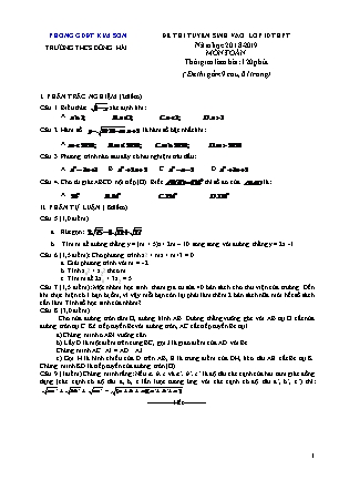 Đề thi tuyển sinh vào Lớp 10 môn Toán - Đề 1 - Năm học 2018-2019 - Trường THCS Đông Hải (Có đáp án) Đề thi tuyển sinh vào Lớp 10 môn Toán - Đề 1 - Năm học 2018-2019 - Trường THCS Đông Hải (Có đáp án)