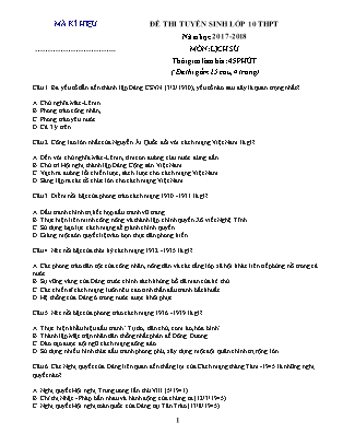 Đề thi tuyển sinh vào Lớp 10 THPT môn Lịch sử - Đề 1 - Năm học 2017-2018 - Trường THCS Định Hóa (Có đáp án)