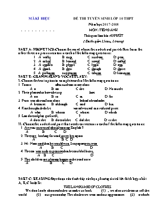 Đề thi tuyển sinh vào Lớp 10 THPT môn Tiếng Anh - Đề 2 - Năm học 2017-2018 - Trường THCS Định Hóa (Có đáp án)