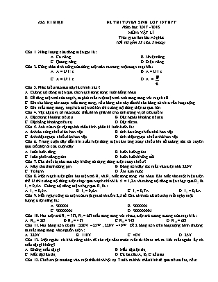 Đề thi tuyển sinh vào Lớp 10 THPT môn Vật lí - Đề 2 - Năm học 2017-2018 - Trường THCS Định Hóa (Có đáp án)