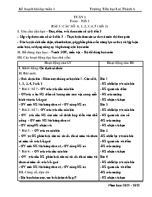 Kế hoạch bài dạy Toán Lớp 1 - Tiết 3, Bài 1: Các số 0, 1, 2, 3, 4, 5 (Tiết 2) - Trường Tiểu học Lai Thành A