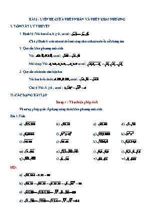 Kế hoạch dạy thêm Đại số Lớp 9 - Chương 1 - Bài 3: Liên hệ giữa phép nhân và phép khai phương