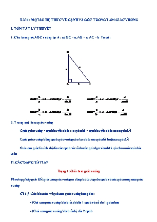 Kế hoạch dạy thêm Hình học Lớp 9 - Chương 1 - Bài 4: Một số hệ thức về cạnh và góc trong tam giác vuông