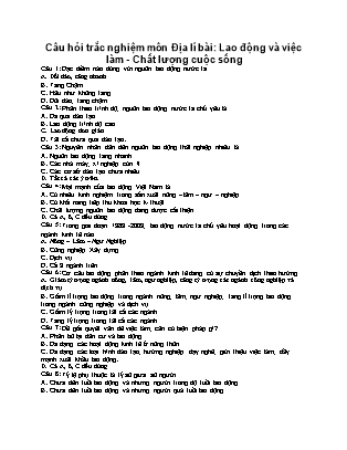 Câu hỏi trắc nghiệm Địa lí Lớp 9 - Bài: Lao động và việc làm. Chất lượng cuộc sống
