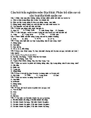 Câu hỏi trắc nghiệm Địa lí Lớp 9 - Bài: Phân bố dân cư và các loại địa hình quần cư