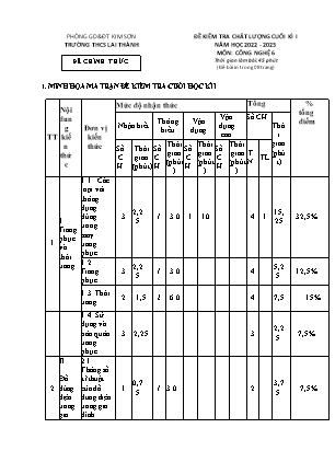 Đề kiểm tra chất lượng cuối kì 1 Công nghệ Lớp 6 - Năm học 2022-2023 - Trường THCS Lai Thành (Có ma trận và đáp án)