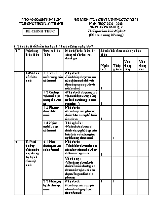 Đề kiểm tra chất lượng cuối kì 2 Công nghệ Lớp 7 - Năm học 2022-2023 - Trường THCS Lai Thành (Có ma trận và đáp án)