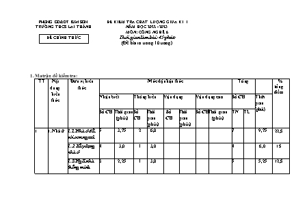 Đề kiểm tra chất lượng giữa kì 1 Công nghệ Lớp 6 - Năm học 2022-2023 - Trường THCS Lai Thành (Có ma trận và đáp án)