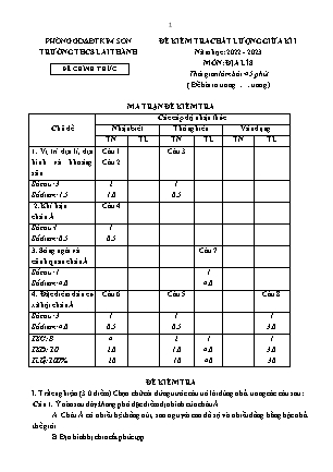 Đề kiểm tra chất lượng giữa kì 1 Địa lí Lớp 8 - Năm học 2022-2023 - Trường THCS Lai Thành (Có ma trận và đáp án)