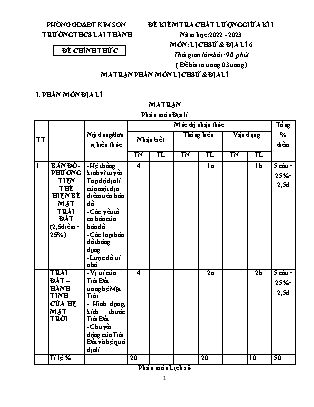 Đề kiểm tra chất lượng giữa kì 1 Lịch sử và Địa lí Lớp 6 - Năm học 2022-2023 - Trường THCS Lai Thành (Có ma trận và đáp án)