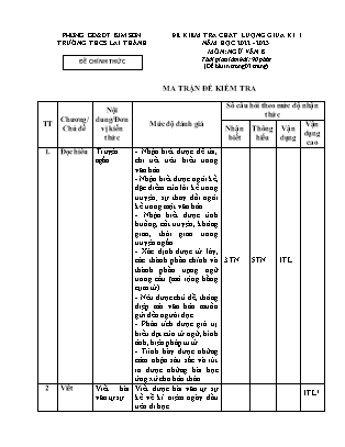 Đề kiểm tra chất lượng giữa kì 1 Ngữ văn Lớp 8 - Năm học 2022-2023 - Trường THCS Lai Thành (Có ma trận và đáp án)