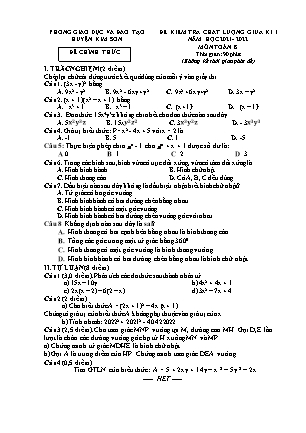 Đề kiểm tra chất lượng giữa kì 1 Toán Lớp 8 - Năm học 2021-2022 - Trường THCS Lai Thành (Có đáp án)