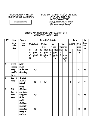 Đề kiểm tra chất lượng giữa kì 2 Công nghệ Lớp 7 - Năm học 2022-2023 - Trường THCS Lai Thành (Có ma trận và đáp án)