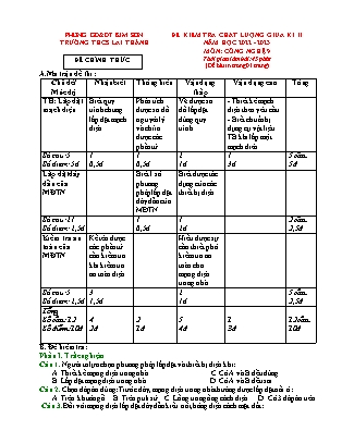 Đề kiểm tra chất lượng giữa kì 2 Công nghệ Lớp 9 - Năm học 2022-2023 - Trường THCS Lai Thành (Có ma trận và đáp án)