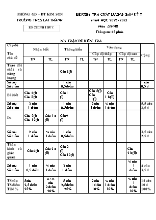 Đề kiểm tra chất lượng giữa kì 2 Sinh học Lớp 8 - Năm học 2022-2023 - Trường THCS Lai Thành (Có ma trận và đáp án)