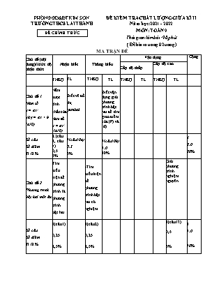Đề kiểm tra chất lượng giữa kì 2 Toán Lớp 9 - Năm học 2021-2022 - Trường THCS Lai Thành (Có ma trận và đáp án)
